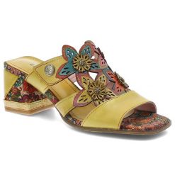 Klapki damskie Laura Vita, na obcasie ozdobne kwiaty szeroki pasek wygodna podeszwa letni styl, żółte, 09 SOK26-9. Żółte klapki LAURA VITA, bez wzorów, bez obcasa, na obcasie, bez zapięcia. Za 309.00 zł.