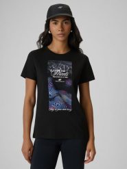 4F T-shirt regular z nadrukiem damski - czarny XS. Czarne t-shirty 4f, xs, bez wzorów, z bawełny, klasyczne, bez kołnierzyka, bez ramiączek. Za 69.99 zł.