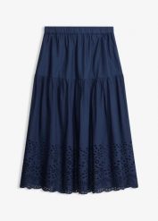 Bawełniana spódnica midi z ażurowym haftem. Niebieskie spódnice bonprix, w ażurowe wzory, z bawełny, midi, rozkloszowane. Za 99.99 zł.
