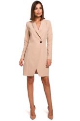 Beżowa Elegancka Żakietowa Sukienka na Jeden Guzik. Brązowe sukienki MOE, l, bez wzorów, z elastanu, eleganckie, bez kołnierzyka, bez ramiączek. Za 273.90 zł.