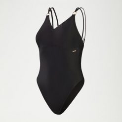SPEEDO Damski modelujący kostium kąpielowy na ramiączkach, czarny, UK 42. Czarne stroje jednoczęściowe Speedo, bez wzorów, z elastanu, sportowe. Za 279.25 zł.
