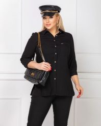 Elegancka czarna długa zapinana koszula z rękawem 3/4 PLUS SIZE XXL. Czarne koszule Nasi partnerzy, plus size, bez wzorów, z poliesteru, eleganckie, bez kołnierzyka, plus size, bez ramiączek. Za 199.90 zł.
