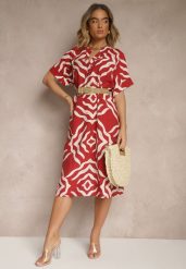 Bordowa Sukienka z Wiskozą Lnem i Geometrycznym Wzorem Sadelive. Czerwone sukienki Renee, na co dzień, l, bez wzorów, z wiskozy, eleganckie, bez kołnierzyka, bez ramiączek, midi. W wyprzedaży za 55.99 zł.