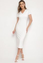Biała Sukienka Dopasowana Bodycon z Dekoltem w Serek Efricene. Białe sukienki Born2be, na co dzień, l, bez wzorów, z jeansu, klasyczne, bez kołnierzyka, bez ramiączek, midi, bodycon. W wyprzedaży za 101.99 zł.