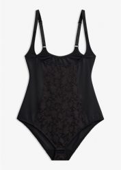 Mocno modelujące body z koronką. Czarne bielizna modelująca bonprix, bez wzorów, z koronki, bez ramiączek. Za 119.99 zł.