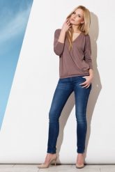 Brązowa Zbluzowana Bluzka z Długim Rękawem. Brązowe bluzki Figl, l, bez wzorów, z elastanu, bez kołnierzyka, bez ramiączek. Za 179.00 zł.