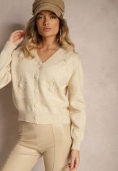 Beżowy Kardigan z Wiskozy Zdobiony Kwiatowymi Aplikacjami z Perełkami Gemirra. Brązowe swetry Renee, uniwersalny, z aplikacjami, z jeansu, eleganckie, bez ramiączek. W wyprzedaży za 143.99 zł.