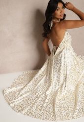Biała Wiskozowa Sukienka Halter Zdobiona Metalicznym Nadrukiem w Panterkę Linaruna. Białe sukienki Renee, na co dzień, m, z aplikacjami, z materiału, eleganckie, bez kołnierzyka, bez ramiączek, maxi, rozkloszowane. Za 109.99 zł.