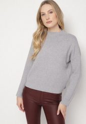 Szary Gładki Sweter o Pudełkowym Kroju ze Stójką Unessa. Szare swetry Born2be, l, bez wzorów, z jeansu, wizytowe, bez ramiączek. Za 79.99 zł.