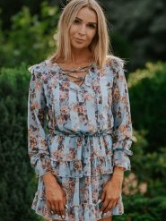 Sukienka Model Megan Flowers Sky Blue - Jersa. Niebieskie sukienki Jersa, na co dzień, l, bez wzorów, z materiału, bez kołnierzyka, plus size, bez ramiączek, dopasowane. Za 390.03 zł.