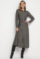 Czarno-Szara Sukienka Koszulowa w Mozaikowy Wzór z Wiązanym Paskiem Sailise. Czarne sukienki Born2be, na co dzień, l, bez wzorów, eleganckie, bez kołnierzyka, bez ramiączek, midi, koszulowe. W wyprzedaży za 139.99 zł.
