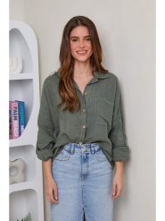 Rodier Lin Lniana koszula w kolorze khaki rozmiar: L/XL. Brązowe koszule Rodier Lin, l, bez wzorów, ze lnu, bez kołnierzyka, bez ramiączek. Za 127.35 zł.