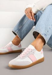 Biało-Różowe Sneakersy Tenisówki w Kultowym Stylu Neolithaen. Białe trampki Renee, bez wzorów, z jeansu, eleganckie, bez zapięcia. W wyprzedaży za 67.99 zł.