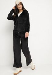 Czarny Komplet Dresowy z Weluru Taliowana Bluza i Szerokie Spodnie Meandra. Czarne bluzy Born2be, s, z aplikacjami, z dresówki, eleganckie, bez ramiączek, bez kaptura. Za 69.99 zł.