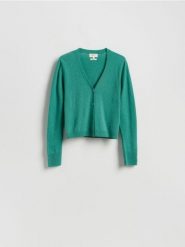 Wełniany kardigan - zielony. Zielone swetry Reserved, l, bez wzorów, z dzianiny, bez ramiączek. Za 199.99 zł.