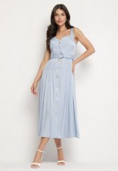 Niebieska Sukienka Rozkloszowana na Ramiączkach z Paskiem Nevirana. Niebieskie sukienki Born2be, l, bez wzorów, eleganckie, bez kołnierzyka, bez ramiączek, midi, rozkloszowane. W wyprzedaży za 144.49 zł.