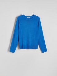 Gładki sweter z wiskozą - niebieski. Niebieskie swetry Reserved, l, bez wzorów, z dzianiny, bez ramiączek. W wyprzedaży za 49.99 zł.