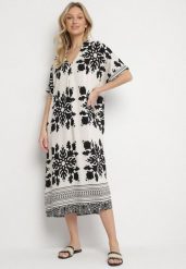 Biała Sukienka Pudełkowa z Wiskozy z Dekoltem w Serek w Etniczny Wzór Abrellis. Białe sukienki Born2be, na co dzień, l, bez wzorów, z wiskozy, eleganckie, bez kołnierzyka, bez ramiączek, midi, kopertowe. Za 99.99 zł.