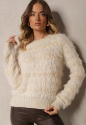 Jasnobeżowy Sweter z Wełną Ozdobiony Ściągaczami i Długim Włosiem Sialora. Brązowe swetry Renee, na jesień, bez wzorów, z jeansu, biznesowe, bez ramiączek. W wyprzedaży za 63.99 zł.