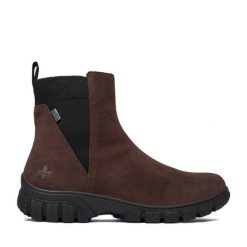 Botki Rieker. Brązowe botki Rieker, bez wzorów, bez obcasa, na płaskiej podeszwie, bez zapięcia. Za 429.99 zł.