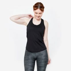 Koszulka fitness damska Domyos bez rękawów. Czarne t-shirty sportowe DOMYOS, l, bez wzorów, z dzianiny, bez ramiączek, na fitness i siłownię. Za 19.99 zł.