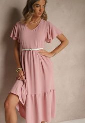 Różowa Rozkloszowana Sukienka z Wiskozą w Casualowym Stylu Filarenna. Czerwone sukienki Renee, na co dzień, l, bez wzorów, z wiskozy, eleganckie, bez kołnierzyka, bez ramiączek, midi, rozkloszowane. W wyprzedaży za 63.99 zł.