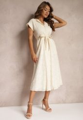 Beżowa Rozkloszowana Koszulowa Sukienka z Bawełny z Ażurowym Zdobieniem i Paskiem Ilosofia. Brązowe sukienki Renee, na co dzień, l, z aplikacjami, z bawełny, eleganckie, bez kołnierzyka, bez ramiączek, maxi, koszulowe. W wyprzedaży za 135.99 zł.