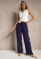 Granatowe Spodnie z Wiskozy High Waist o Szerokim Kroju Avelozi. Niebieskie jeansy Renee, l, bez wzorów, z jeansu, eleganckie, z podwyższonym stanem. W wyprzedaży za 29.99 zł.