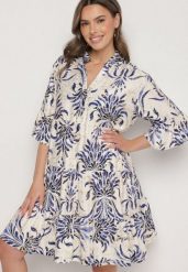 Niebieska Rozkloszowana Sukienka z Lnem z Metalicznym Nadrukiem Filasenia. Niebieskie sukienki Born2be, na spacer, l, bez wzorów, z wiskozy, eleganckie, bez kołnierzyka, bez ramiączek, mini, rozkloszowane. Za 109.99 zł.