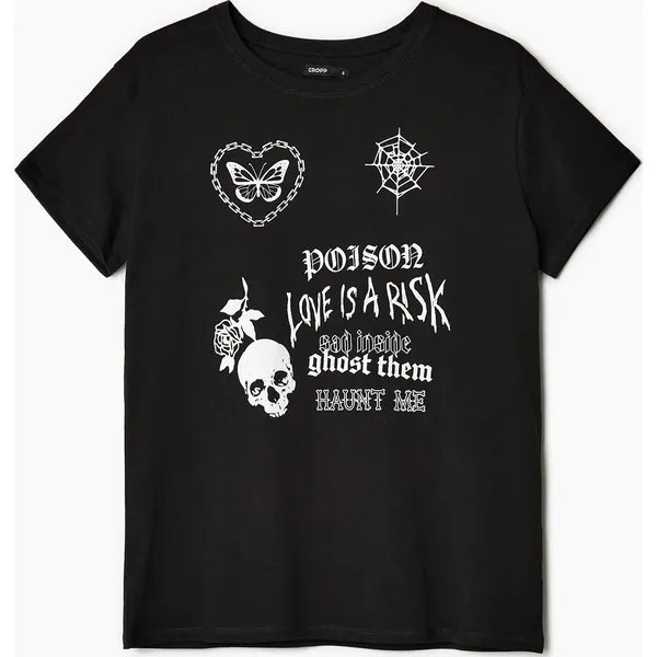 T-shirt z nadrukami - Czarny. Czarne t-shirty Cropp, l, bez wzorów, z bawełny, klasyczne, bez kołnierzyka, bez ramiączek. W wyprzedaży za 39.99 zł.