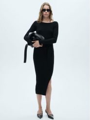 Mango Sukienka dzianinowa Goleto 77056722 Czarny Slim Fit. Czarne sukienki Mango, xs, bez wzorów, z dzianiny, bez kołnierzyka, bez ramiączek. Za 49.99 zł.