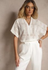 Biała Koszula z Bawełny z Ażurowym Wzorem Telannia. Białe koszule Renee, w ażurowe wzory, z bawełny, eleganckie, bez kołnierzyka, bez ramiączek. W wyprzedaży za 47.99 zł.