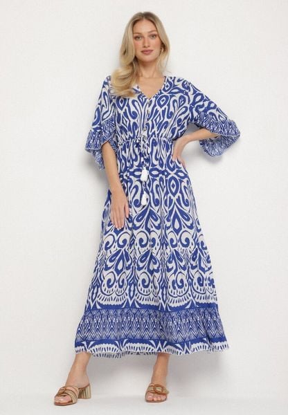 Niebieska Sukienka Bawełniana w Ornamentalny Wzór z Gumką w Talii Orrielle. Niebieskie sukienki Born2be, na co dzień, l, bez wzorów, z bawełny, sportowe, bez kołnierzyka, bez ramiączek, maxi, sportowe. Za 79.99 zł.
