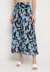 Czarno-Niebieskie Wiskozowe Spodnie z Wysokim Stanem i Gumką w Talii Apadoria. Czarne jeansy Born2be, bez wzorów, z jeansu, eleganckie, z podwyższonym stanem. Za 59.99 zł.