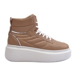 Zazoo 3392/X Damskie Skórzane Buty Sportowe Na Platformie Beżowe beżowy. Brązowe buty treningowe na wiosnę, bez wzorów, ze skóry, za kostkę, bez zapięcia. Za 659.61 zł.