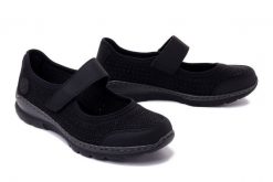 RIEKER L32B5-00 black, półbuty damskie. Czarne półbuty wsuwane Rieker, na lato, bez wzorów, bez obcasa. Za 271.92 zł.