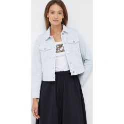 Armani Exchange kurtka jeansowa damska przejściowa. Niebieskie kurtki Armani Exchange, l, bez wzorów, z jeansu, bez kaptura. Za 739.99 zł.