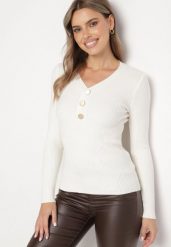 Biały Sweter z Bawełną z Prążkowanego Materiału Ozdobiony Guzikami Zinfera. Białe swetry Born2be, uniwersalny, bez wzorów, z bawełny, klasyczne, bez ramiączek. Za 44.99 zł.