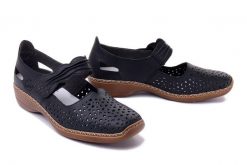 RIEKER 41399-14 blue, półbuty letnie damskie. Niebieskie półbuty wsuwane Rieker, na lato, bez wzorów, ze skóry, bez obcasa. Za 239.93 zł.
