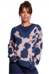 Lekki sweter z dekoltem V i wzorem w kwiaty. Swetry BE Knit, m, bez wzorów, z żakardem, eleganckie, bez ramiączek. Za 209.00 zł.