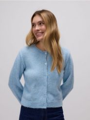 Rozpinany kardigan - jasnoniebieski. Niebieskie swetry Reserved, l, bez wzorów, z dzianiny, bez ramiączek. W wyprzedaży za 79.99 zł.