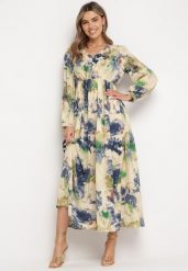Beżowo-Zielona Maxi Rozkloszowana z Guzikami w Abstrakcyjny Print Falitta. Brązowe sukienki Born2be, l, bez wzorów, bez kołnierzyka, bez ramiączek, maxi, rozkloszowane. W wyprzedaży za 142.49 zł.