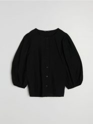 Wiskozowa bluzka koszulowa z bufiastymi rękawami - czarny. Czarne bluzki Sinsay, l, bez wzorów, z wiskozy, bez kołnierzyka, bez ramiączek. Za 39.99 zł.