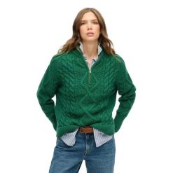 Kardigan z zapięciem dla kobiet Superdry Aran. Zielone swetry Superdry, s, bez wzorów, ze splotem, eleganckie, bez ramiączek. Za 381.50 zł.