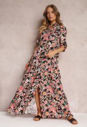 Czarno-Czerwona Koszulowa Sukienka Maxi z Podpinanymi Rękawami w Kwiatowy Wzór c. Czarne sukienki Renee, l, w ażurowe wzory, bez kołnierzyka, bez ramiączek, maxi, koszulowe. W wyprzedaży za 99.99 zł.