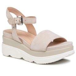 Sandały Geox. Brązowe sandały Geox, bez wzorów, bez obcasa, na koturnie, bez zapięcia. Za 479.00 zł.