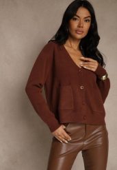 Brązowy Kardigan na Guziki z Domieszką Kaszmiru Vetiella. Brązowe swetry Renee, bez wzorów, z jeansu, eleganckie, bez ramiączek. Za 99.99 zł.