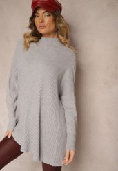Jasnoszary Asymetryczny Golf z Wiskozą z Rękawami o Nietoperzowym Kroju Realeen. Szare swetry Renee, bez wzorów, z jeansu, eleganckie, bez ramiączek. W wyprzedaży za 79.99 zł.