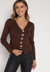 Brązowy Sweter z Wiskozą Ozdobiony Guzikami Zetisae. Brązowe swetry Born2be, m, bez wzorów, z jeansu, eleganckie, bez ramiączek. Za 89.99 zł.