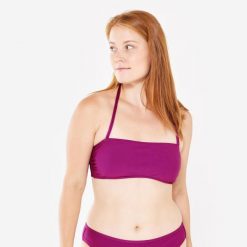 Góra kostiumu kąpielowego surfingowego damska Olaian Laura teksturowana. Fioletowe bikini OLAIAN, bez wzorów, z elastanu, sportowe. Za 59.99 zł.